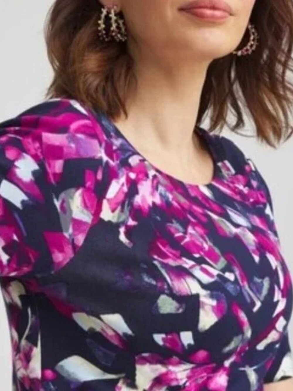 NWT Chicos Sz 2 L Abstract Pima Cotton Bateau Neck Boatneck Tee Elbow Sleeves SS